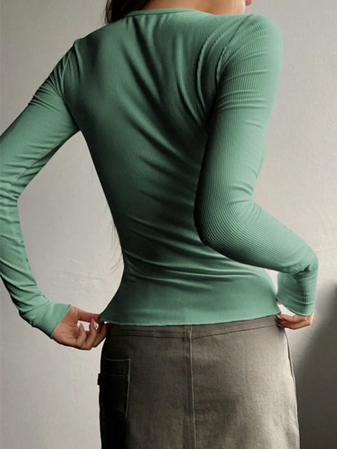 'Elara' Ribbed Half Button Long Sleeve Shirt - Celes Fashion
